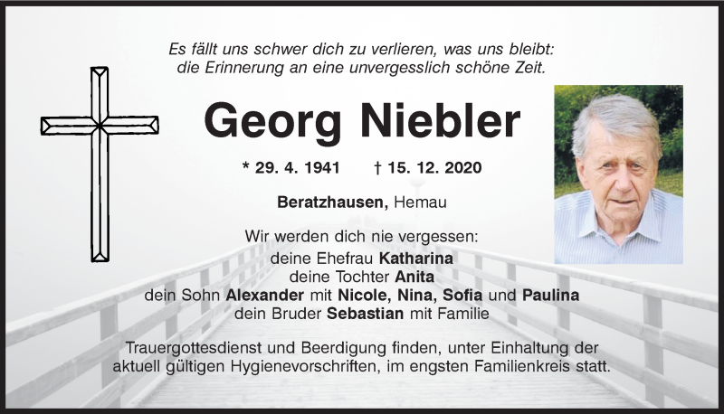  Traueranzeige für Georg Niebler vom 19.12.2020 aus Mittelbayerische Zeitung Regensburg