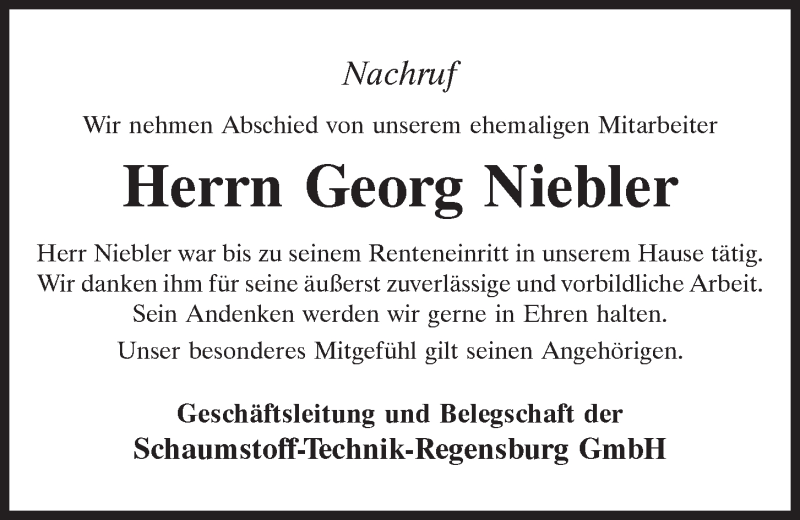  Traueranzeige für Georg Niebler vom 22.12.2020 aus Mittelbayerische Zeitung Regensburg