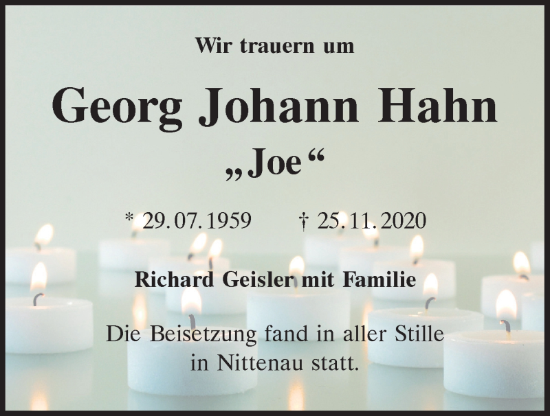  Traueranzeige für Georg Johann Hahn vom 12.12.2020 aus Mittelbayerische Zeitung Regensburg