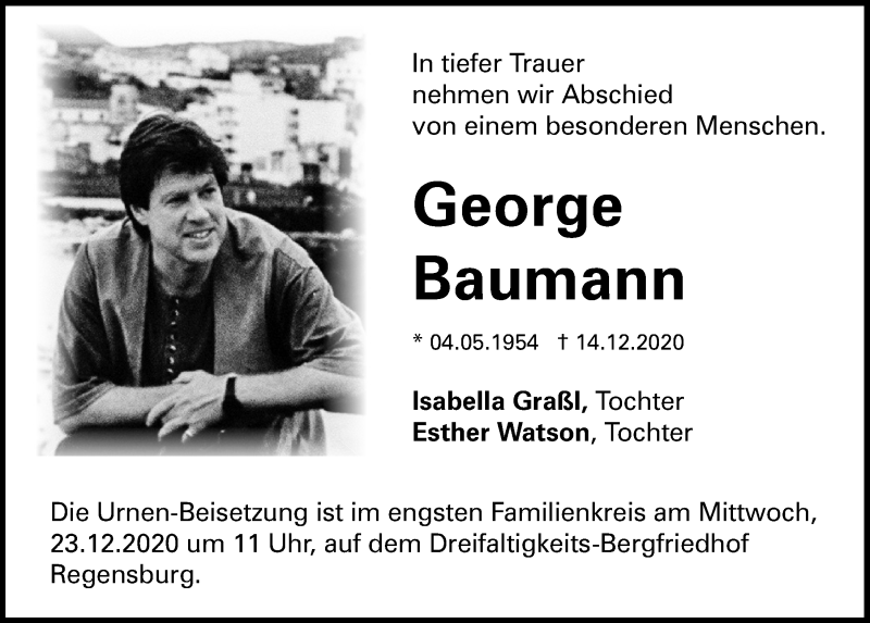  Traueranzeige für George Baumann vom 23.12.2020 aus Mittelbayerische Zeitung Regensburg