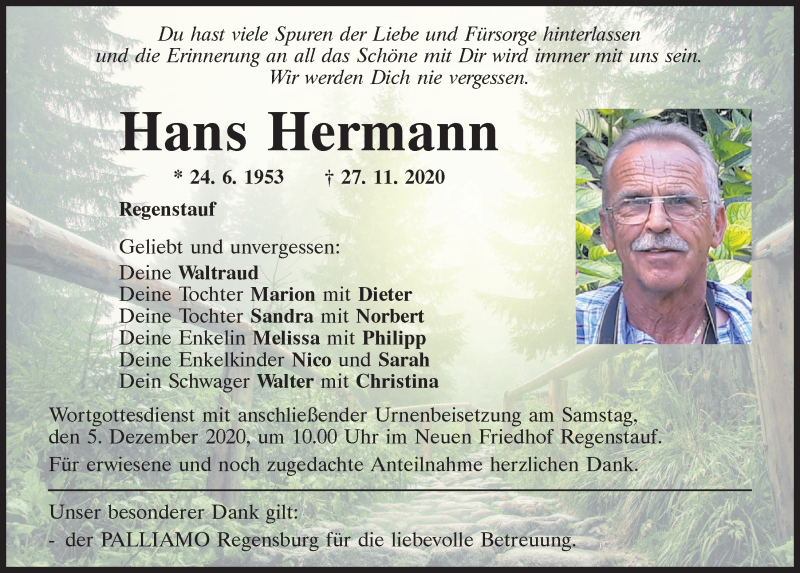  Traueranzeige für Hans Hermann vom 02.12.2020 aus Mittelbayerische Zeitung Regensburg