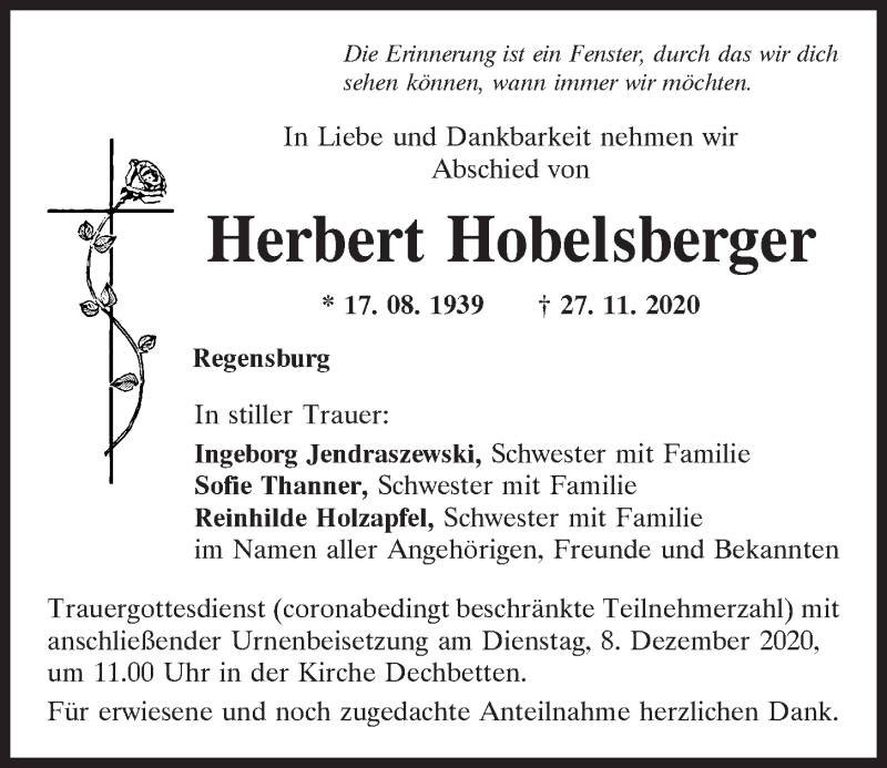  Traueranzeige für Herbert Hobelsberger vom 05.12.2020 aus Mittelbayerische Zeitung Regensburg