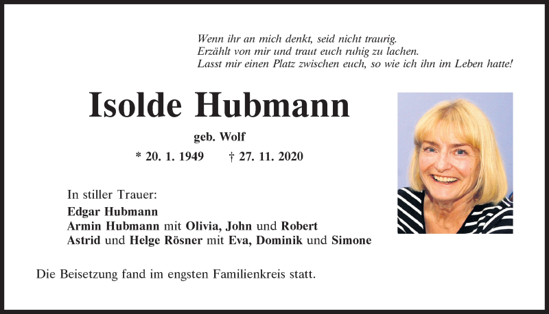  Traueranzeige für Isolde Hubmann vom 12.12.2020 aus Mittelbayerische Zeitung Regensburg