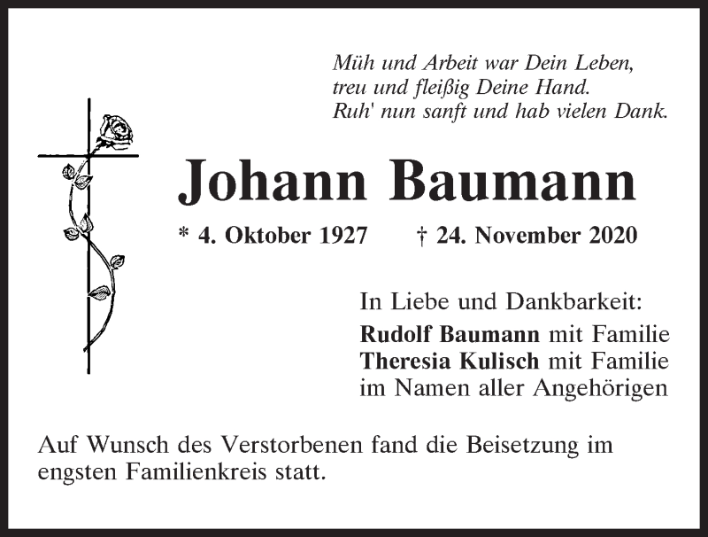  Traueranzeige für Johann Baumann vom 05.12.2020 aus Mittelbayerische Zeitung Regensburg