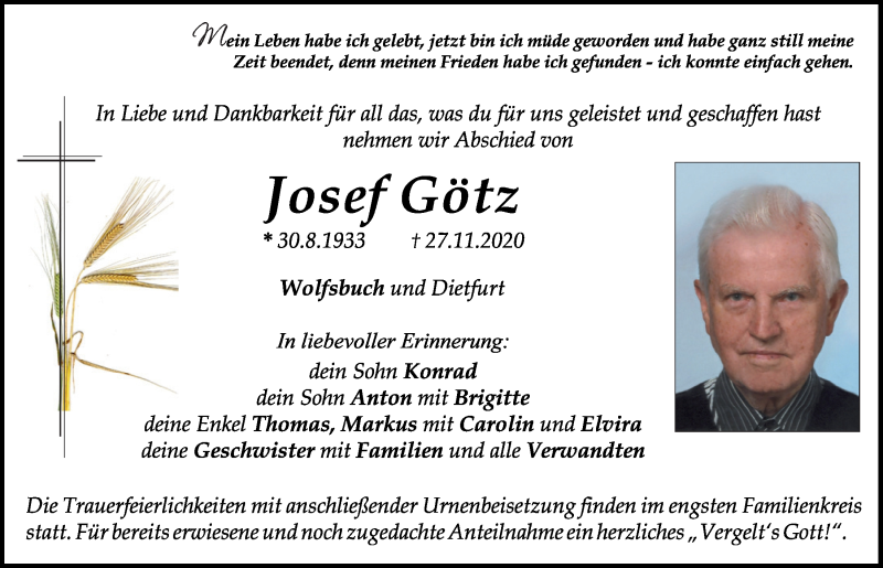  Traueranzeige für Josef Götz vom 05.12.2020 aus Neumarkter Tagblatt