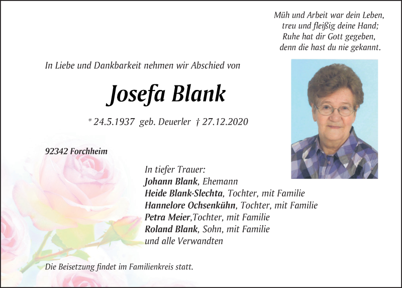  Traueranzeige für Josefa Blank vom 29.12.2020 aus Neumarkter Tagblatt