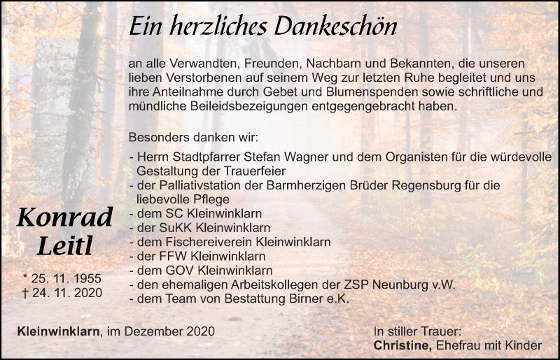  Traueranzeige für Konrad Leitl vom 04.12.2020 aus Mittelbayerische Zeitung Schwandorf