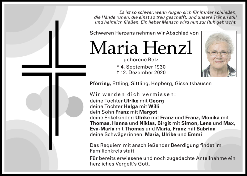  Traueranzeige für Maria Henzl vom 15.12.2020 aus Mittelbayerische Zeitung Kelheim