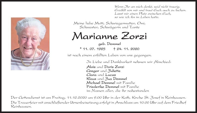  Traueranzeige für Marianne Zorzi vom 05.12.2020 aus Mittelbayerische Zeitung Regensburg