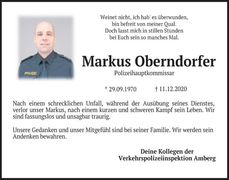  Traueranzeige für Markus Oberndorfer vom 14.12.2020 aus Mittelbayerische Zeitung Schwandorf