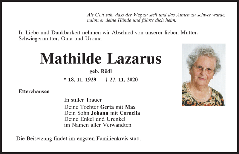  Traueranzeige für Mathilde Lazarus vom 09.12.2020 aus Mittelbayerische Zeitung Regensburg