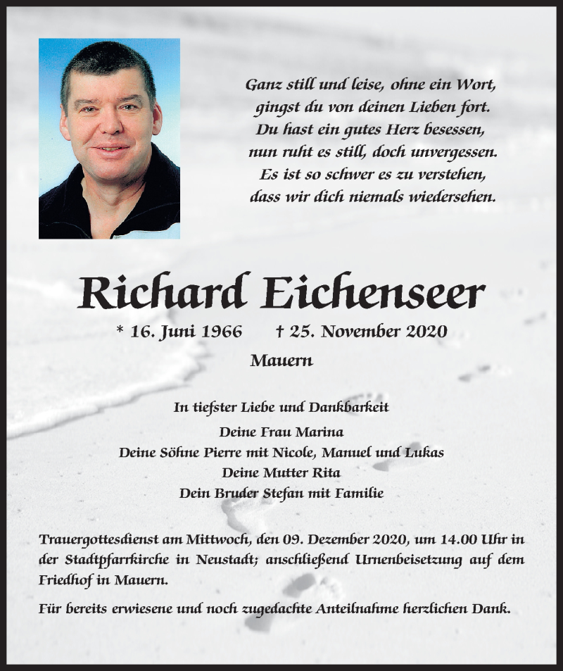  Traueranzeige für Richard Eichenseer vom 05.12.2020 aus Mittelbayerische Zeitung Kelheim