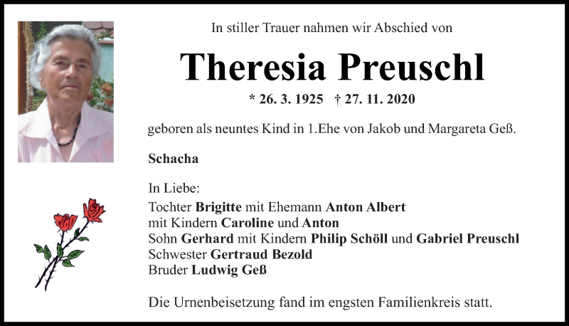  Traueranzeige für Theresia Preuschl vom 12.12.2020 aus Mittelbayerische Zeitung Regensburg