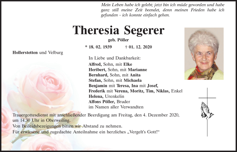 Traueranzeige für Theresia Segerer vom 03.12.2020 aus Neumarkter Tagblatt