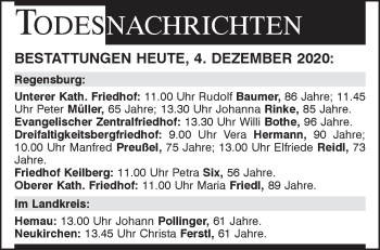 Traueranzeige von Totentafel vom 04.12.2020 von Mittelbayerische Zeitung Regensburg