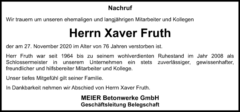  Traueranzeige für Xaver Fruth vom 02.12.2020 aus Neumarkter Tagblatt