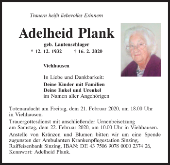 Traueranzeige von Adelheid Plank von Mittelbayerische Zeitung Regensburg
