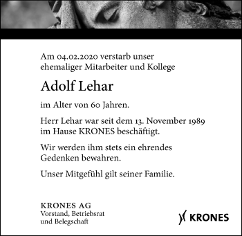 Traueranzeige von Adolf Lehar von Mittelbayerische Zeitung Regensburg