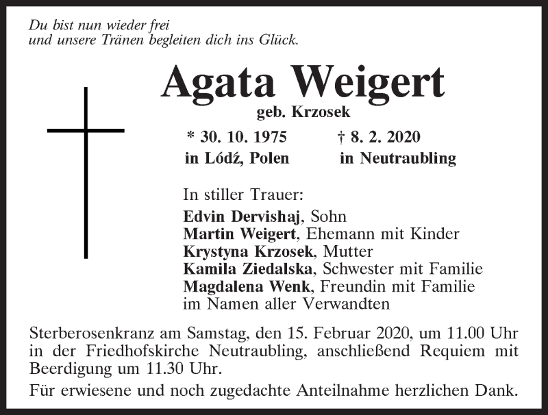  Traueranzeige für Agata Weigert vom 12.02.2020 aus Mittelbayerische Zeitung Regensburg