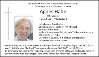 Traueranzeige von Agnes Hahn von Mittelbayerische Zeitung Regensburg