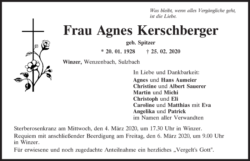  Traueranzeige für Agnes Kerschberger vom 29.02.2020 aus Mittelbayerische Zeitung Regensburg