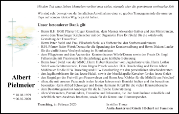 Traueranzeige von Albert Pielmeier von Bayerwald Echo