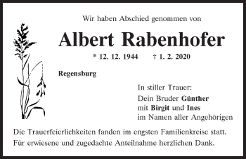Traueranzeige von Albert Rabenhofer von Mittelbayerische Zeitung Regensburg