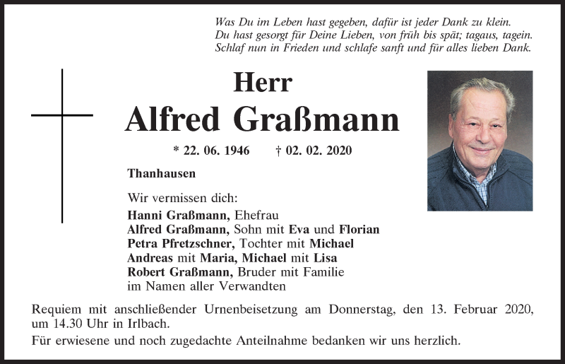  Traueranzeige für Alfred Graßmann vom 08.02.2020 aus Mittelbayerische Zeitung Regensburg