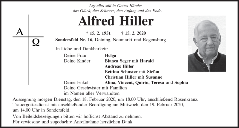  Traueranzeige für Alfred Hiller vom 17.02.2020 aus Neumarkter Tagblatt