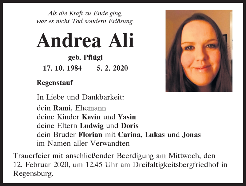  Traueranzeige für Andrea Ali vom 11.02.2020 aus Mittelbayerische Zeitung Regensburg