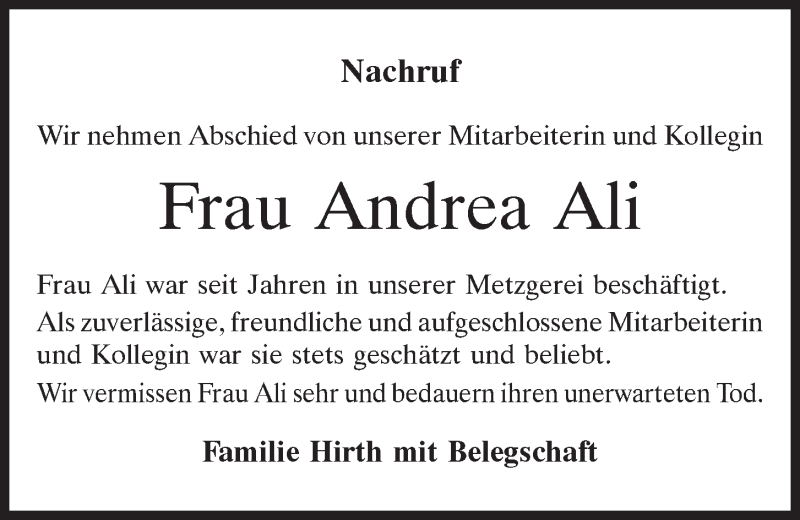  Traueranzeige für Andrea Ali vom 11.02.2020 aus Mittelbayerische Zeitung Regensburg