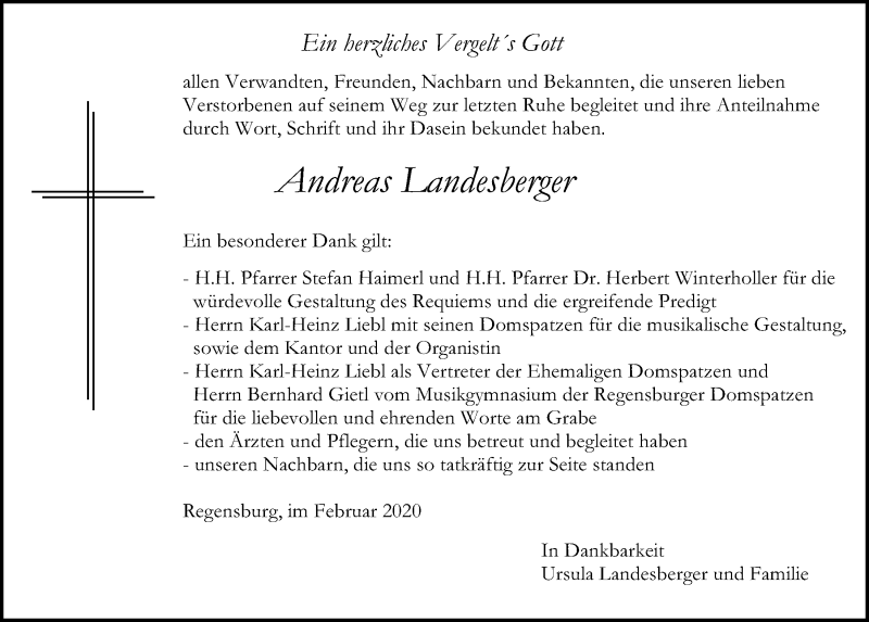  Traueranzeige für Andreas Landesberger vom 22.02.2020 aus Mittelbayerische Zeitung Regensburg