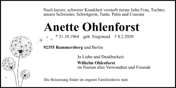 Traueranzeige von Anette Ohlenforst von Neumarkter Tagblatt