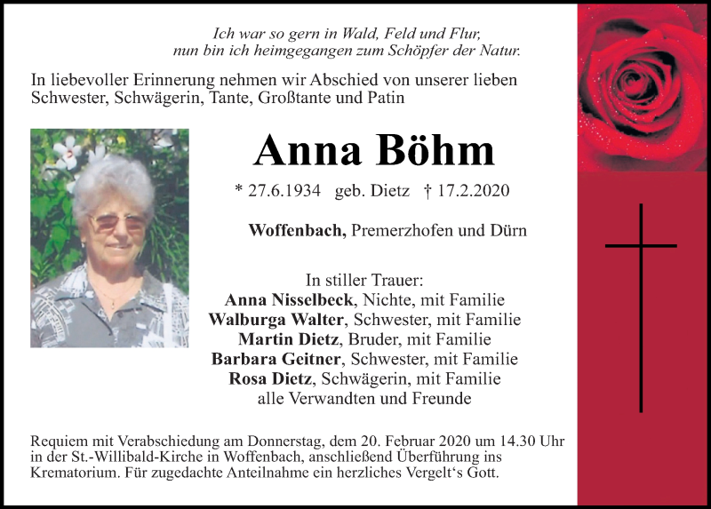  Traueranzeige für Anna Böhm vom 19.02.2020 aus Neumarkter Tagblatt