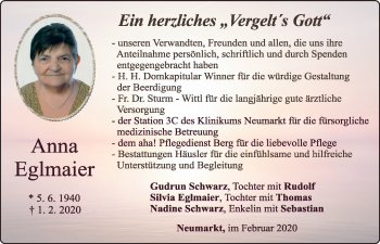 Traueranzeige von Anna Eglmaier von Neumarkter Tagblatt