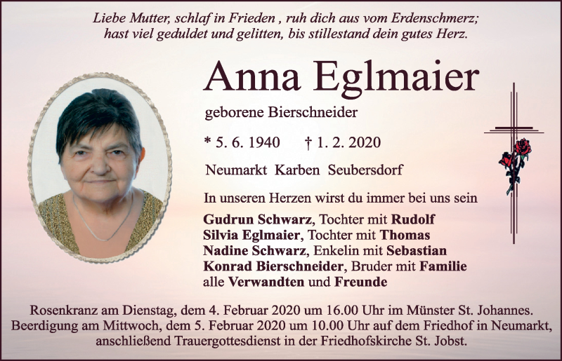  Traueranzeige für Anna Eglmaier vom 03.02.2020 aus Neumarkter Tagblatt