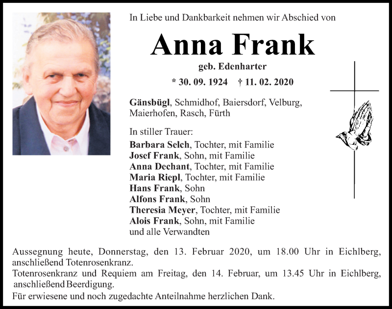  Traueranzeige für Anna Frank vom 13.02.2020 aus Mittelbayerische Zeitung Regensburg