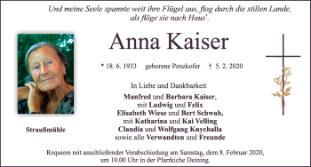 Traueranzeige von Anna Kaiser von Neumarkter Tagblatt