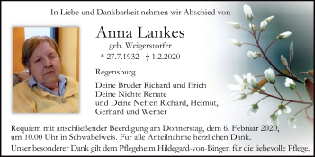 Traueranzeige von Anna Lankes von Mittelbayerische Zeitung Regensburg