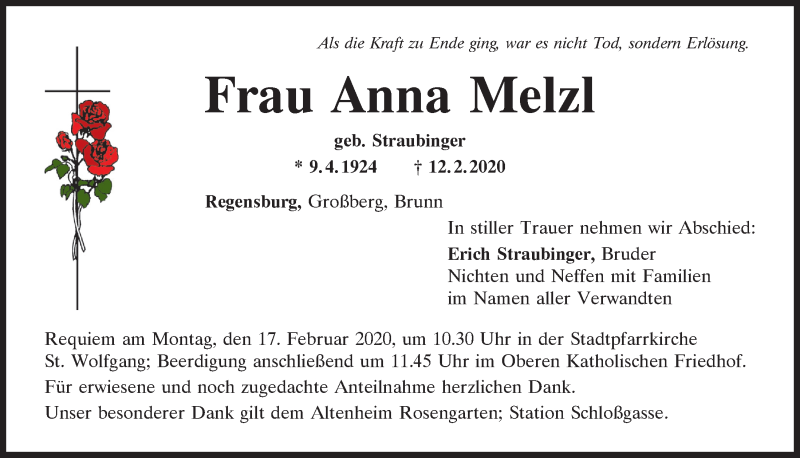  Traueranzeige für Anna Melzl vom 15.02.2020 aus Mittelbayerische Zeitung Regensburg