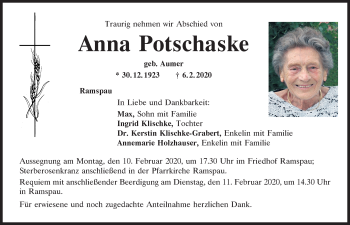 Traueranzeige von Anna Potschaske von Mittelbayerische Zeitung Regensburg