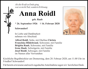 Traueranzeige von Anna Roidl von Mittelbayerische Zeitung Schwandorf