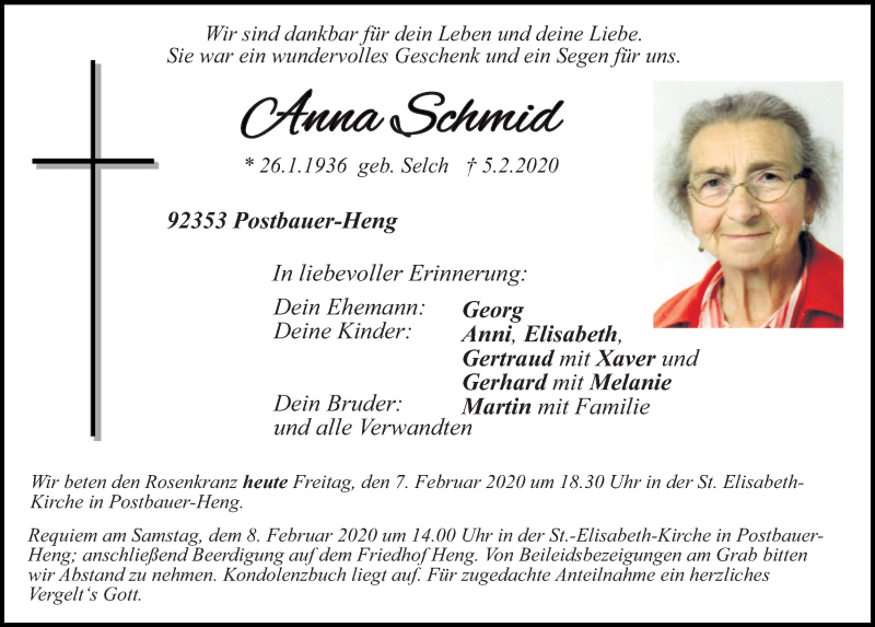  Traueranzeige für Anna Schmid vom 07.02.2020 aus Neumarkter Tagblatt