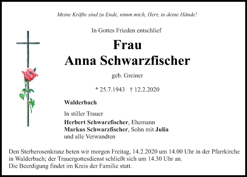  Traueranzeige für Anna Schwarzfischer vom 13.02.2020 aus Bayerwald Echo