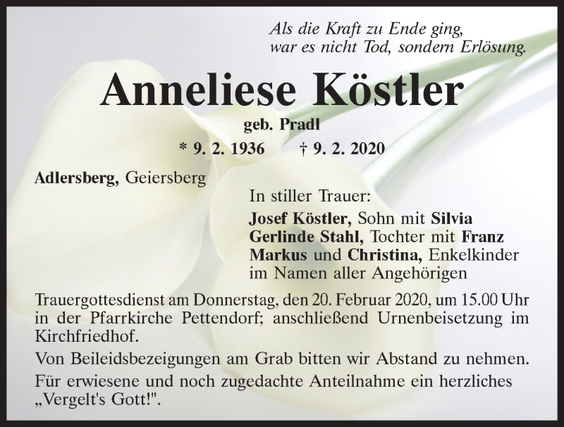  Traueranzeige für Anneliese Köstler vom 15.02.2020 aus Mittelbayerische Zeitung Regensburg