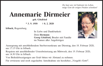 Traueranzeige von Annemarie Dirmeier von Mittelbayerische Zeitung Regensburg