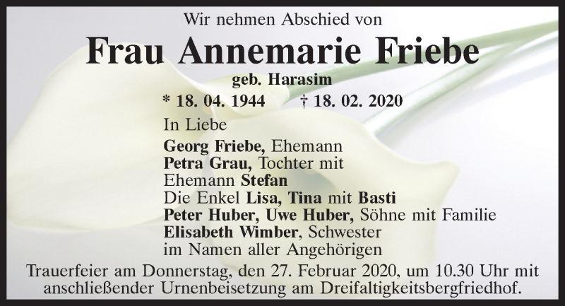  Traueranzeige für Annemarie Friebe vom 24.02.2020 aus Mittelbayerische Zeitung Regensburg