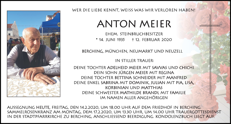 Traueranzeige für Anton Meier vom 14.02.2020 aus Neumarkter Tagblatt