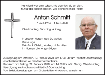 Traueranzeige von Anton Schmitt von Mittelbayerische Zeitung Regensburg