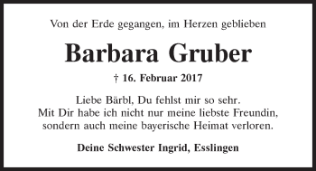 Traueranzeige von Barbara Gruber von Bayerwald Echo